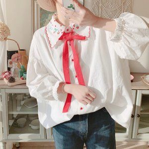 Oversized White Shirt Embroidered Collar Red Bow
